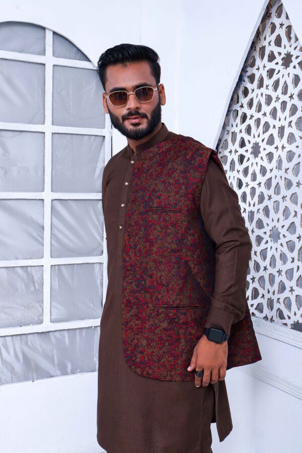 Chocolate Brown Kurta Pajama With Waistcoat - Image 2