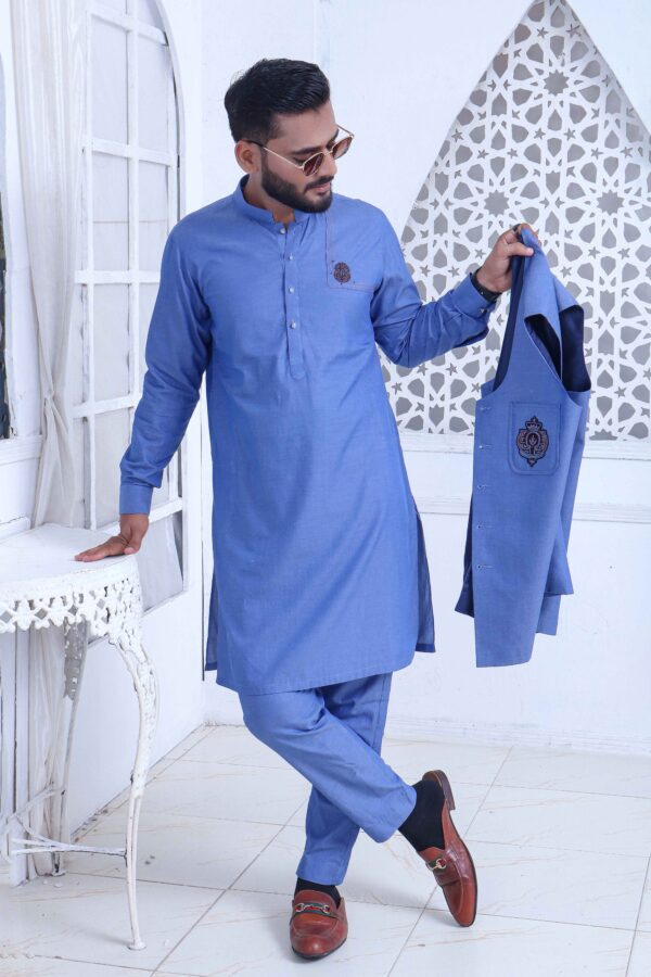 Cotton Denim Blue Kurta Pajama With Waistcoat - Image 4