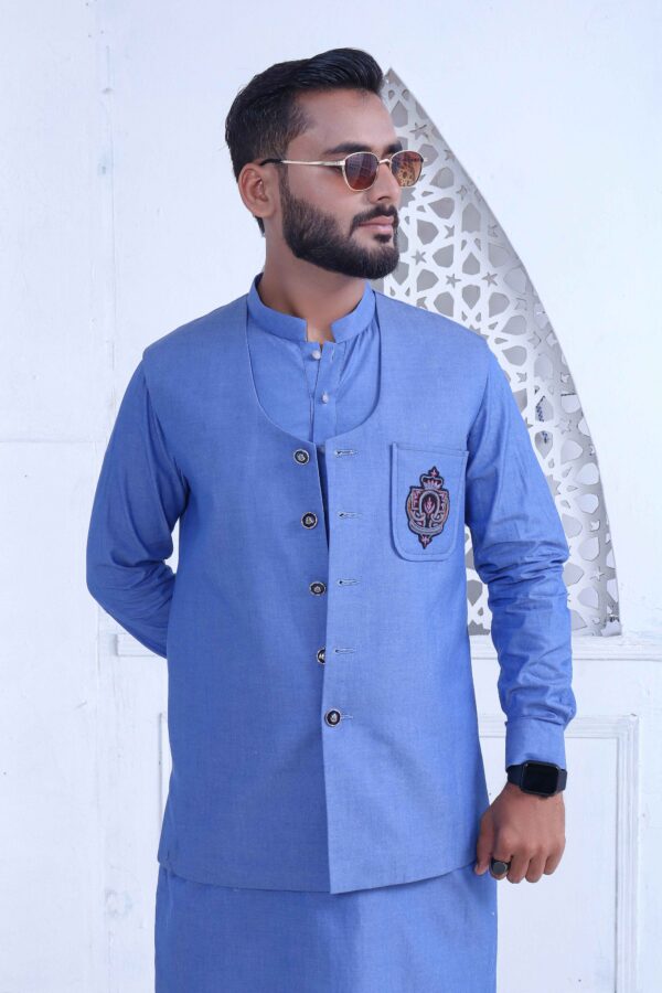 Cotton Denim Blue Kurta Pajama With Waistcoat - Image 5