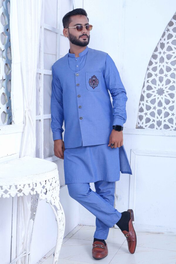 Cotton Denim Blue Kurta Pajama With Waistcoat