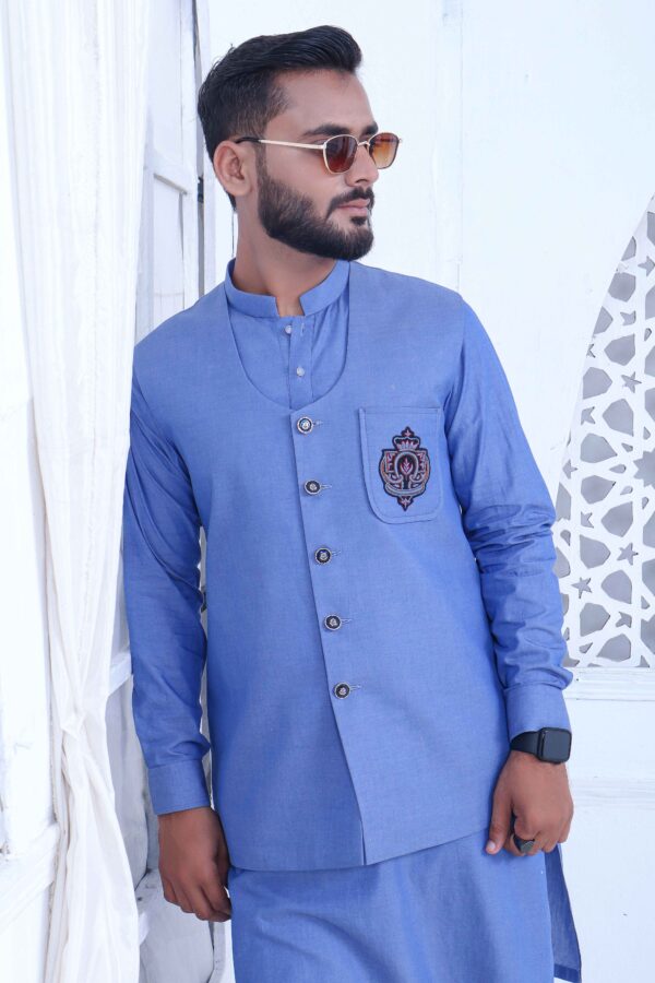 Cotton Denim Blue Kurta Pajama With Waistcoat - Image 2