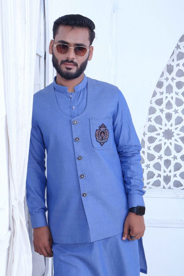 Cotton Denim Blue Kurta Pajama With Waistcoat - Image 3