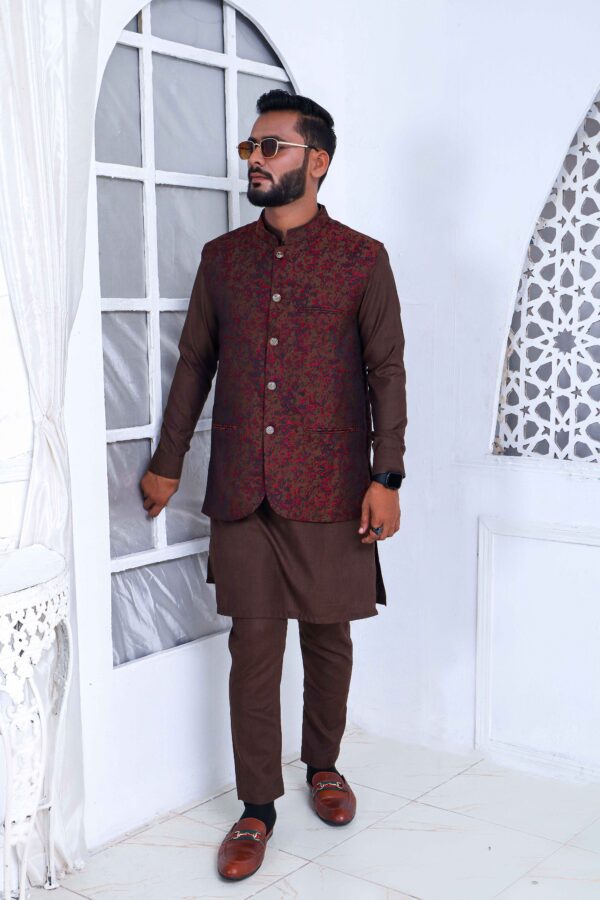 Chocolate Brown Kurta Pajama With Waistcoat - Image 6